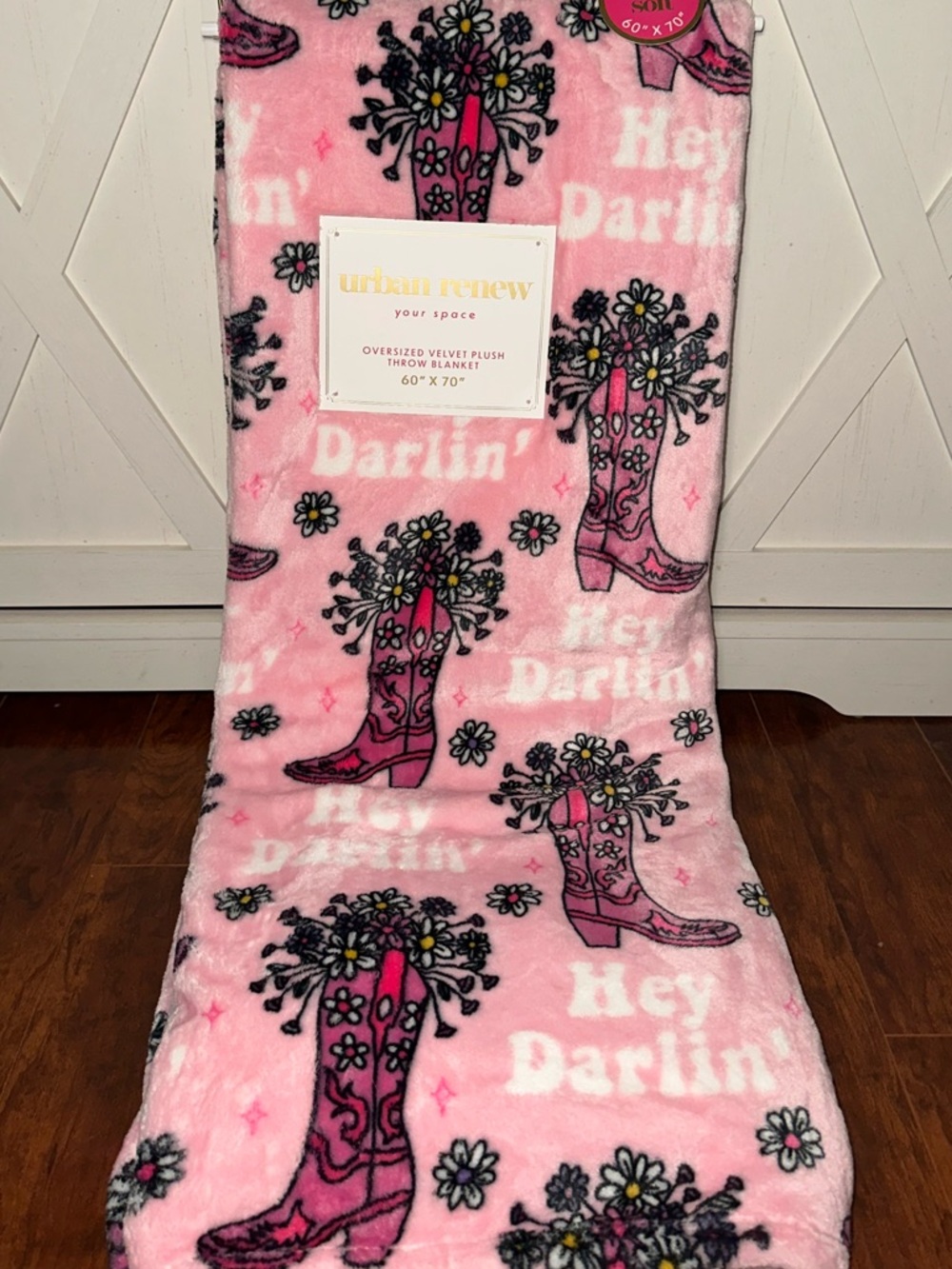 Urban Renewal Pink Cowboy Boot Floral ‘Hey Darlin’ Plush Throw Blanket